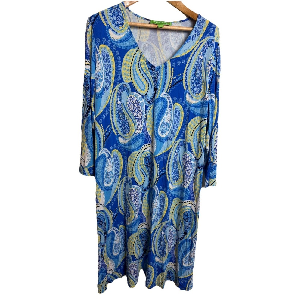 Pappagallo Blue Green Printed Long Sleeve Paisley Dress Size 1X‎